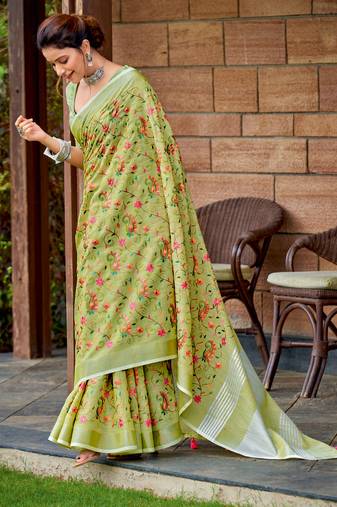 yellow green linen resham dori work traditional tassle saree