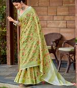 yellow green linen resham dori work traditional tassle saree
