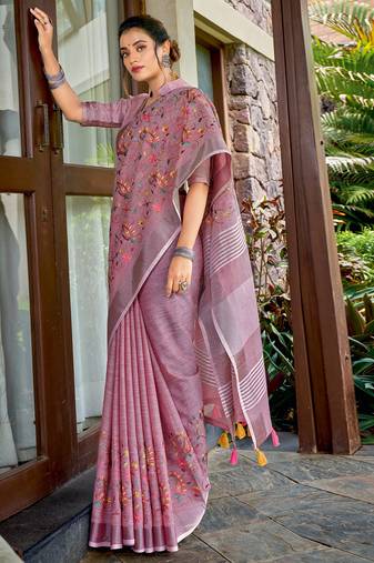 purple linen resham dori work traditional tassle saree