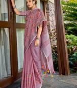purple linen resham dori work traditional tassle saree