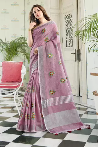 purple linen cotton embroidery traditional saree