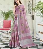 purple linen cotton embroidery traditional saree