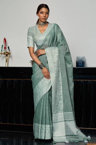 grey linen woven work traditional tassle saree