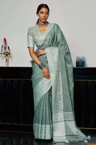 grey linen woven work traditional tassle saree