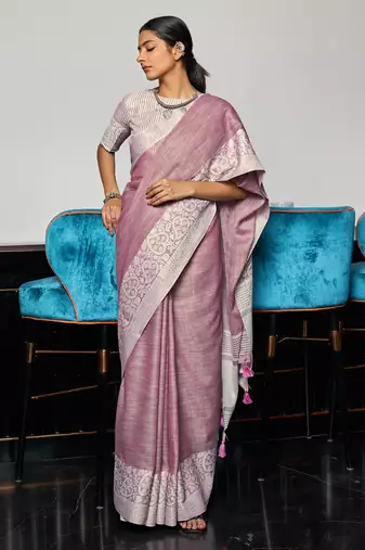 purple linen woven work traditional tassle saree