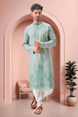 Green linen embroidery dhoti kurta set 1