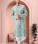 Green linen embroidery dhoti kurta set