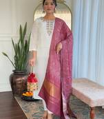 White roman silk heavy thread embroidery work with printed dupatta kurta pant set
