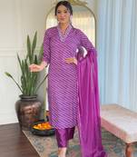 Rani muslin printed with thread embroidery work on neck kurta pant set