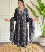 Black cotton printed kurta pant set