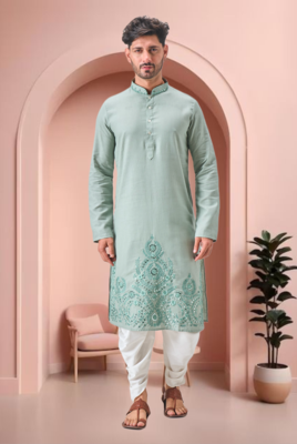 Green linen embroidery dhoti kurta set 2