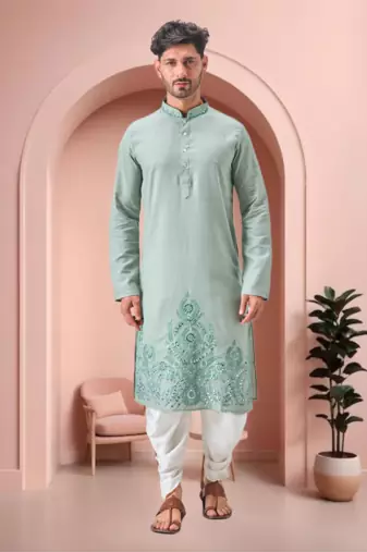 Green linen embroidery dhoti kurta set