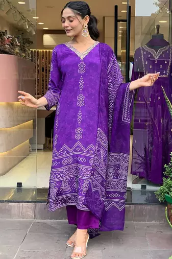 Purple french crepe printed kurta pant set