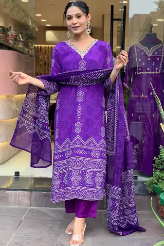 Purple french crepe printed kurta pant set
