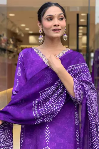 Purple french crepe printed kurta pant set