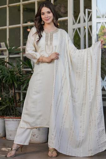 Off white viscose chanderi heavy thread embroidery with sequins work kurta pant set
