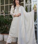 Off white viscose chanderi heavy thread embroidery with sequins work kurta pant set