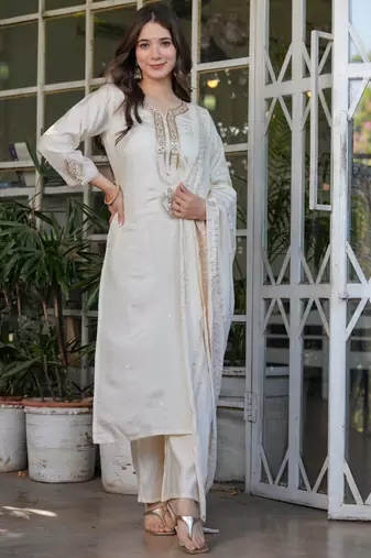 Off white viscose chanderi heavy thread embroidery with sequins work kurta pant set