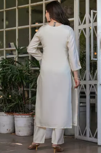 Off white viscose chanderi heavy thread embroidery with sequins work kurta pant set