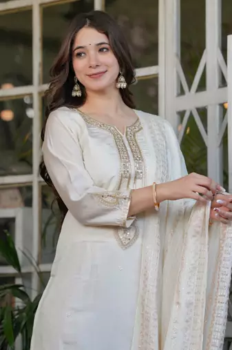 Off white viscose chanderi heavy thread embroidery with sequins work kurta pant set