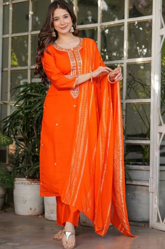 Orange viscose chanderi heavy thread embroidery with sequins work kurta pant set