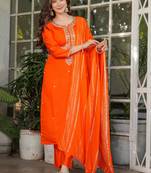 Orange viscose chanderi heavy thread embroidery with sequins work kurta pant set