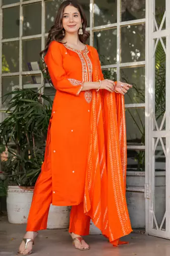 Orange viscose chanderi heavy thread embroidery with sequins work kurta pant set