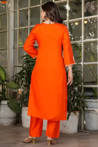 Orange viscose chanderi heavy thread embroidery with sequins work kurta pant set