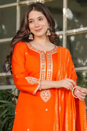 Orange viscose chanderi heavy thread embroidery with sequins work kurta pant set