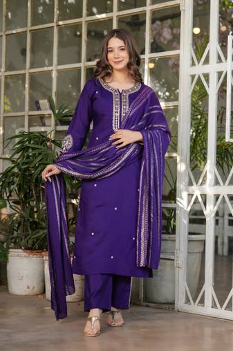 Purple viscose chanderi heavy thread embroidery with sequins work kurta pant set