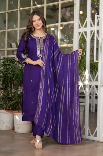 Purple viscose chanderi heavy thread embroidery with sequins work kurta pant set