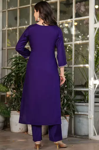 Purple viscose chanderi heavy thread embroidery with sequins work kurta pant set