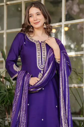Purple viscose chanderi heavy thread embroidery with sequins work kurta pant set