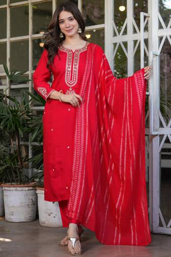 Red viscose chanderi heavy thread embroidery work kurta pant set