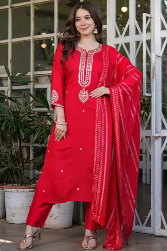 Red viscose chanderi heavy thread embroidery work kurta pant set