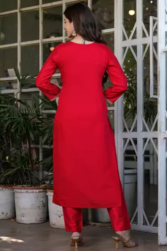 Red viscose chanderi heavy thread embroidery work kurta pant set