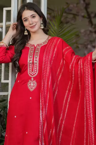 Red viscose chanderi heavy thread embroidery work kurta pant set