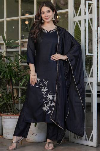 Black viscose rayon heavy thread embroidery work kurta pant set