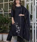 Black viscose rayon heavy thread embroidery work kurta pant set