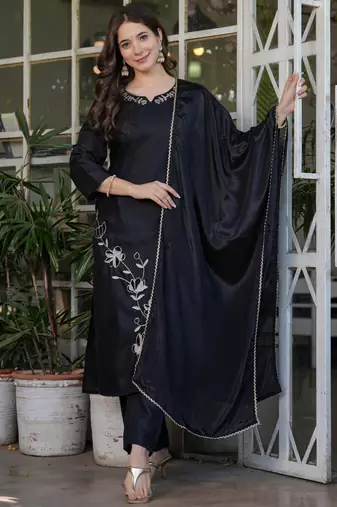 Black viscose rayon heavy thread embroidery work kurta pant set