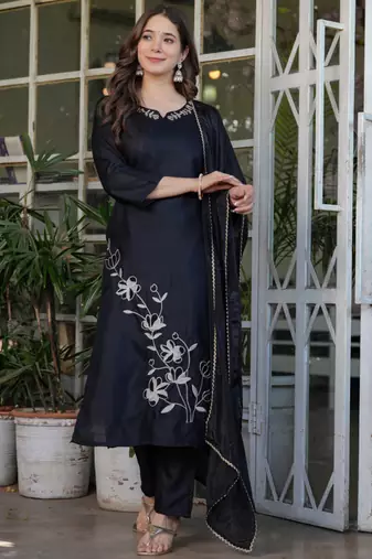 Black viscose rayon heavy thread embroidery work kurta pant set