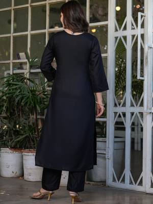 Black viscose rayon heavy thread embroidery work kurta pant set 4