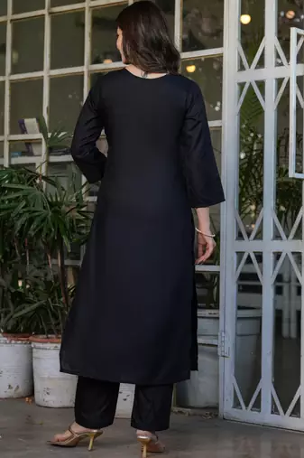 Black viscose rayon heavy thread embroidery work kurta pant set