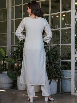Off white viscose rayon heavy thread embroidery work kurta pant set 3