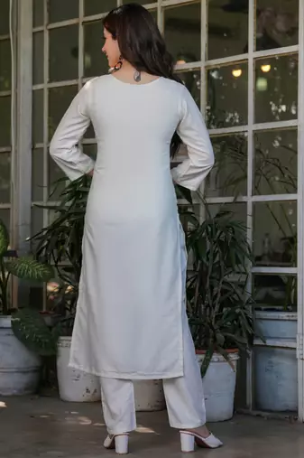 Off white viscose rayon heavy thread embroidery work kurta pant set