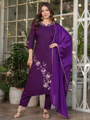 Wine viscose rayon heavy thread embroidery work kurta pant set 1