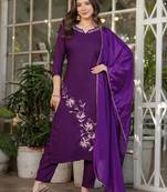 Wine viscose rayon heavy thread embroidery work kurta pant set