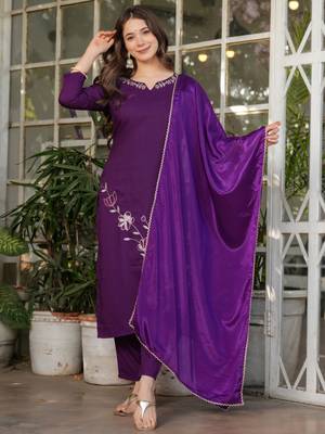 Wine viscose rayon heavy thread embroidery work kurta pant set 2