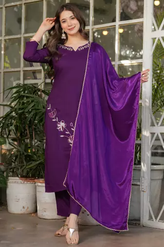 Wine viscose rayon heavy thread embroidery work kurta pant set