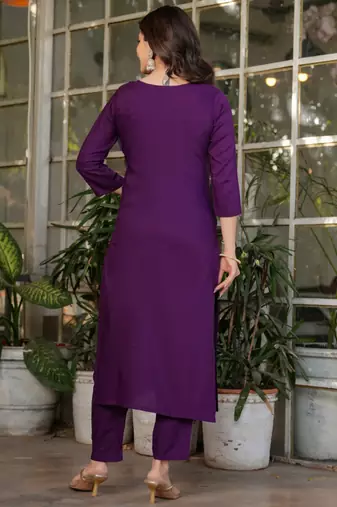 Wine viscose rayon heavy thread embroidery work kurta pant set